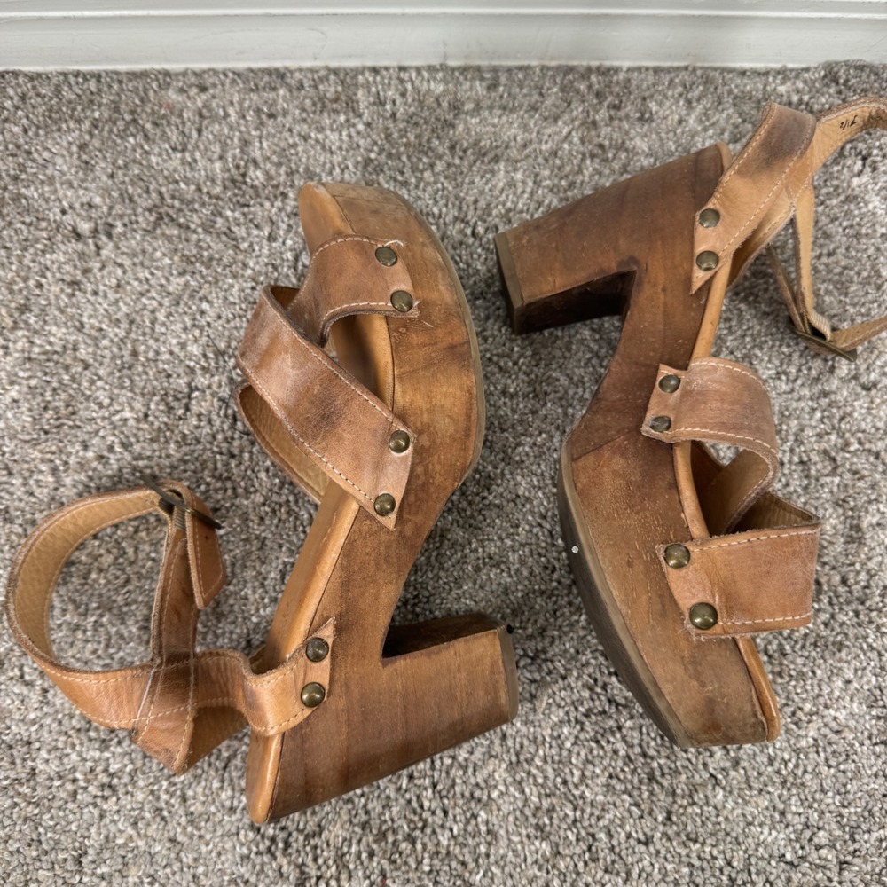 Bed Stu Kalah Tan Leather Platform Sandals Wooden Chunky Heel Clog Pump 7.5 Boho - Picture 6 of 8
